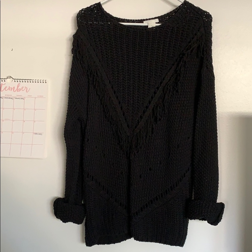 black chunky knit fringe boho oversized sweater